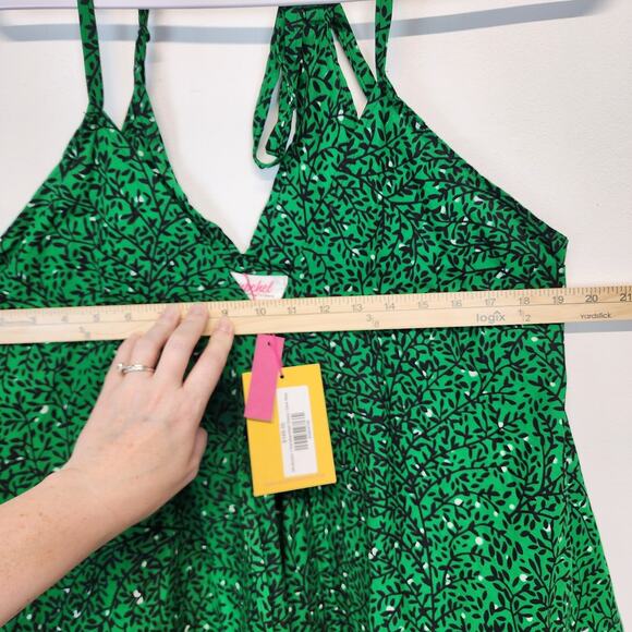 Bombchel V-Neck Asymmetric Hem Halter Dress Green Floral 100% Cotton OS M/L - Picture 11 of 15